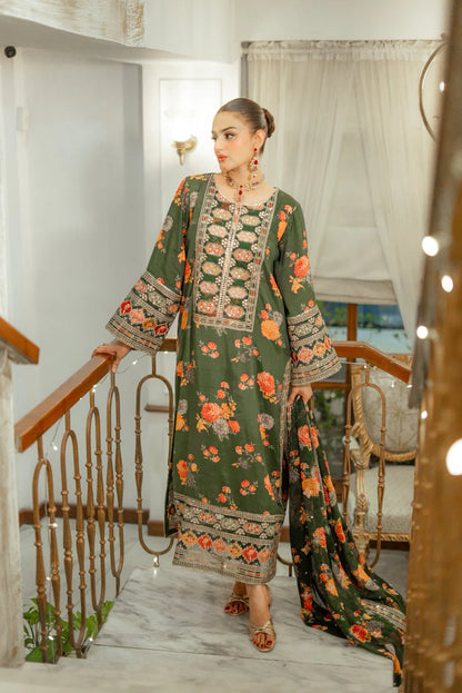 BAROQUE-3PC SHAMOZE SILK PRINTED EMBROIDERED SHIRT WITH SOFT SILK PRINTED EMB DUPATTA & PRINTED TROUSER-W.J-2057