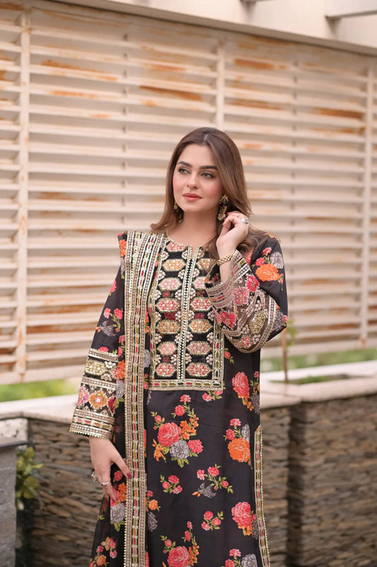 BAROQUE-3PC SHAMOZE SILK PRINTED EMBROIDERED SHIRT WITH SOFT SILK PRINTED EMB DUPATTA & PRINTED TROUSER-W.J-1988