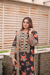 BAROQUE-3PC SHAMOZE SILK PRINTED EMBROIDERED SHIRT WITH SOFT SILK PRINTED EMB DUPATTA & PRINTED TROUSER W.J-9005