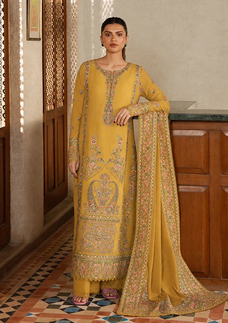 AFROZEH-3PC DHANAK EMBROIDERED SHIRT WITH DHANAK EMB SHAWL AND TROUSER-W.J-5209