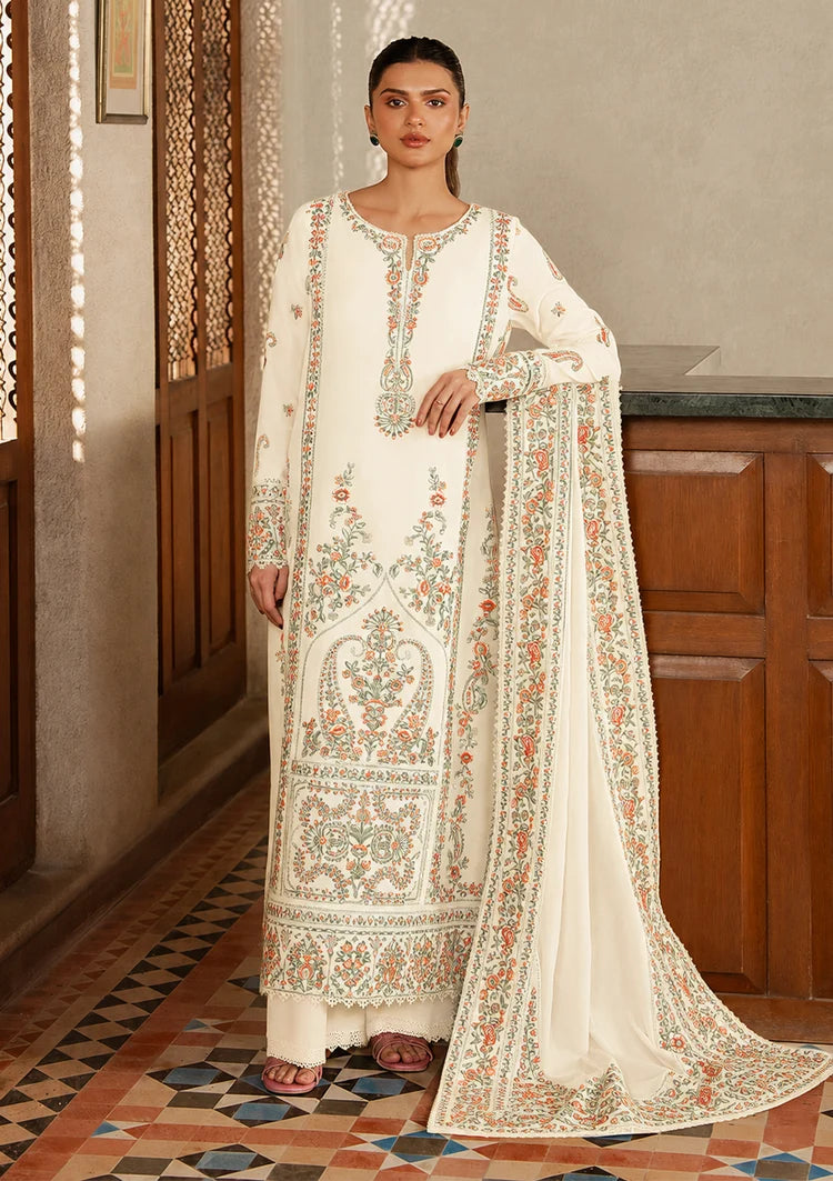 AFROZEH-3PC DHANAK EMBROIDERED SHIRT WITH DHANAK EMB SHAWL AND TROUSER-W.J-5208
