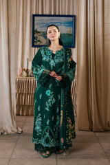 MARYAM HUSSAIN-3PC DHANAK CHIKAN EMBROIDERED SHIRT WITH COUTRAI PRINTED SHAWL AND TROUSER-W.J-5300