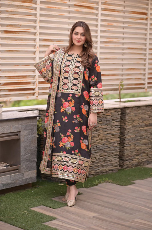 BAROQUE-3PC SHAMOZE SILK PRINTED EMBROIDERED SHIRT WITH SOFT SILK PRINTED EMB DUPATTA & PRINTED TROUSER-W.J-1988