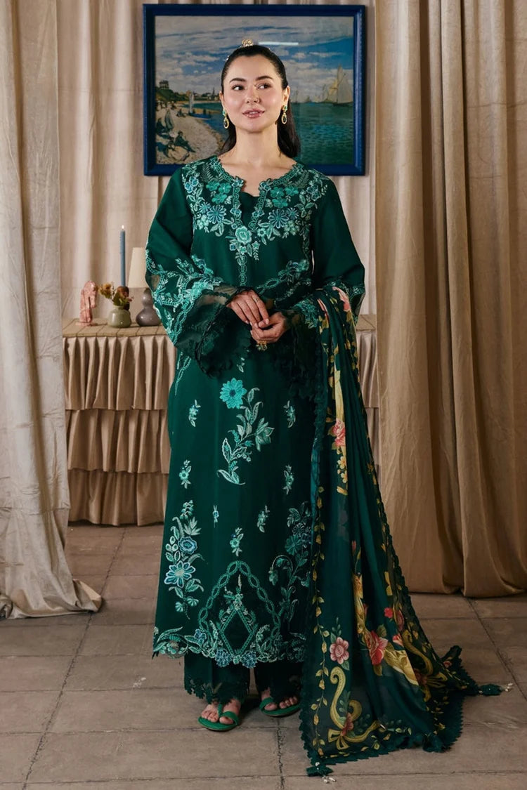 MARYAM HUSSAIN-3PC DHANAK CHIKAN EMBROIDERED SHIRT WITH COUTRAI PRINTED SHAWL AND TROUSER-W.J-5300