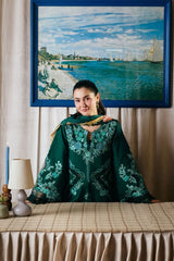 MARYAM HUSSAIN-3PC DHANAK CHIKAN EMBROIDERED SHIRT WITH COUTRAI PRINTED SHAWL AND TROUSER-W.J-5300