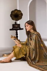SOBIA NAZIR-3PC DHANAK EMBROIDERED SHIRT WITH WOOL PRINTED SHAWL AND TROUSER-W.J-5275