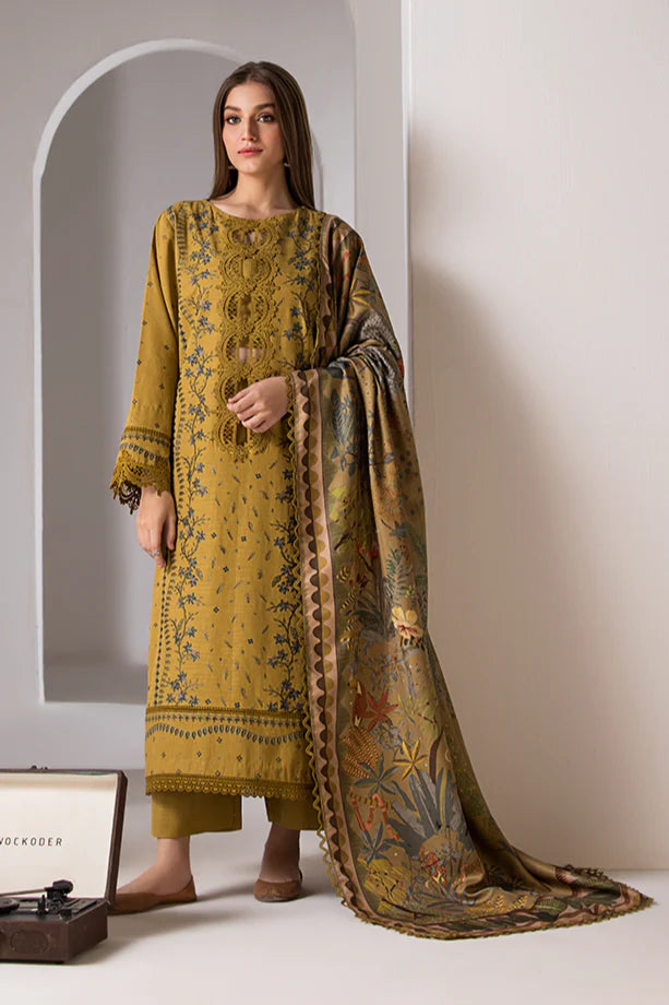 SOBIA NAZIR-3PC DHANAK EMBROIDERED SHIRT WITH WOOL PRINTED SHAWL AND TROUSER-W.J-5275