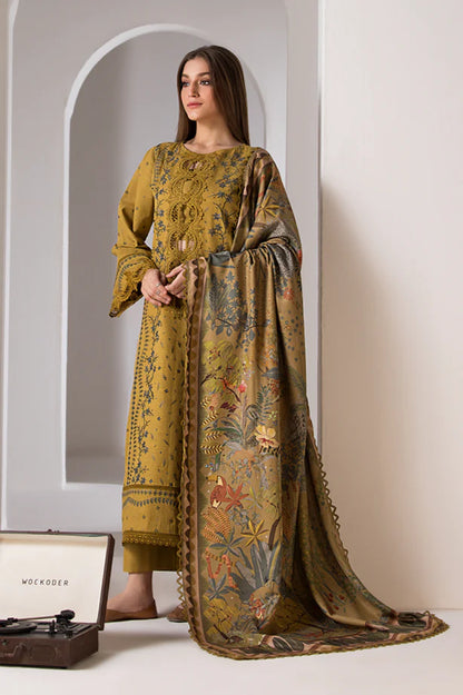 SOBIA NAZIR- 3PC DHANAK EMBROIDERED SHIRT WITH WOOL PRINT SHAWL AND TROUSER-W.J-1309