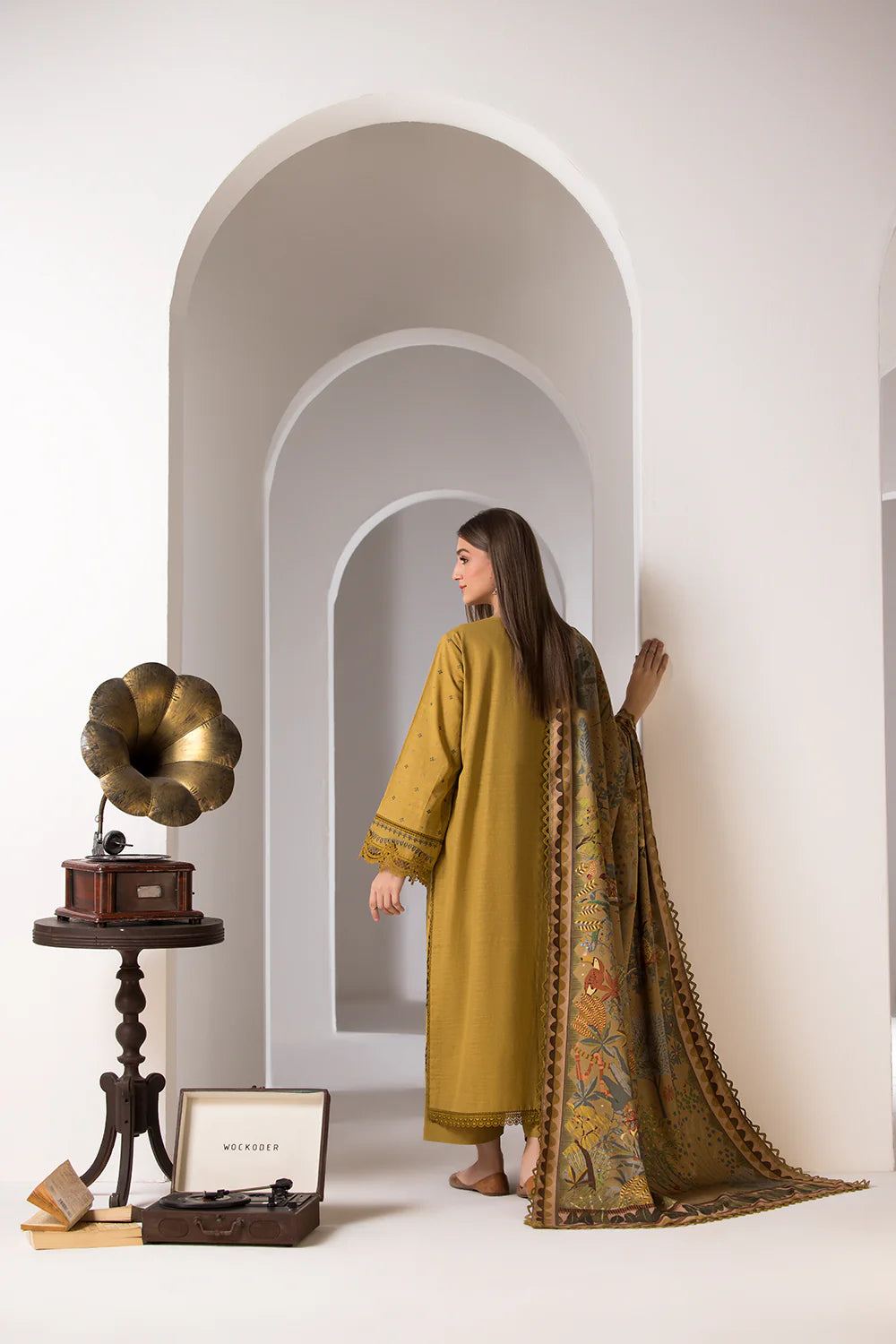 SOBIA NAZIR- 3PC DHANAK EMBROIDERED SHIRT WITH WOOL PRINT SHAWL AND TROUSER-W.J-1309