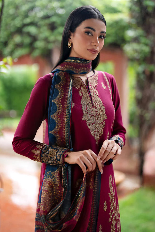 JAZMIN- 3PC DHANAK EMBROIDERED SHIRT WITH WOOL PRINT SHAWL AND TROUSER-W.J-1027