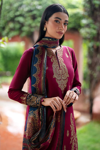 JAZMIN- 3PC DHANAK EMBROIDERED SHIRT WITH WOOL PRINT SHAWL AND TROUSER-W.J-1027