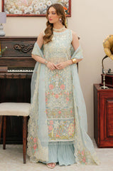 MAHNUR-3PC LAWN CHIKANKAARI EMBROIDERED SHIRT WITH KHAADI NET EMBROIDERED DUPATTA AND TROUSER -W.J-4749