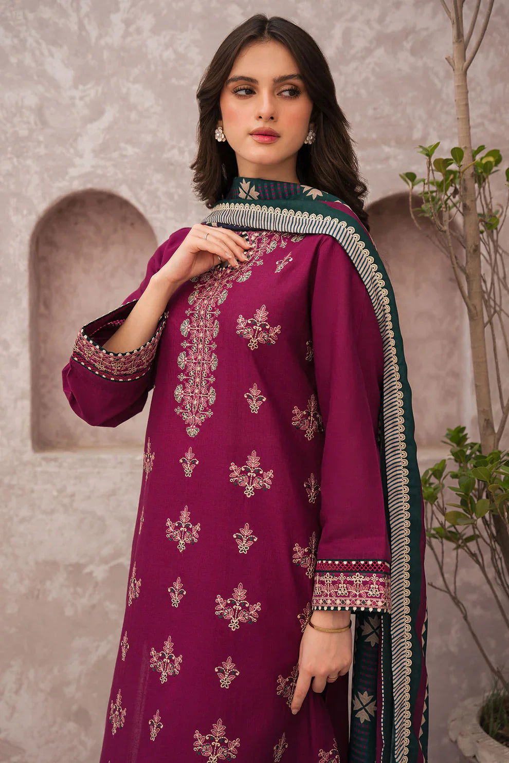 JAZMIN 3PC DHANAK EMBROIDERED WITH COUTURE WOOL PRINT SHAWL-W.J-1190