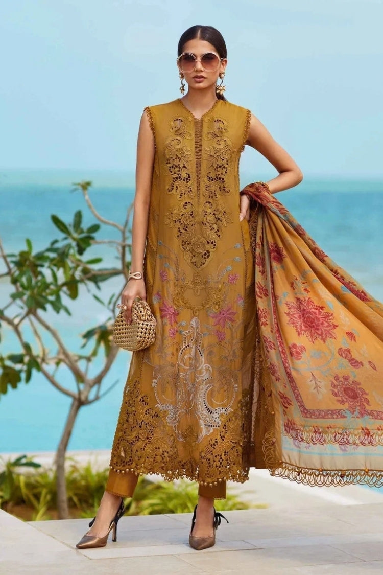 MARIA.B-3PC DHANAK EMBROIDERED SHIRT WITH COUTRAI PRINTED SHAWL AND TROUSER-W.J-5216
