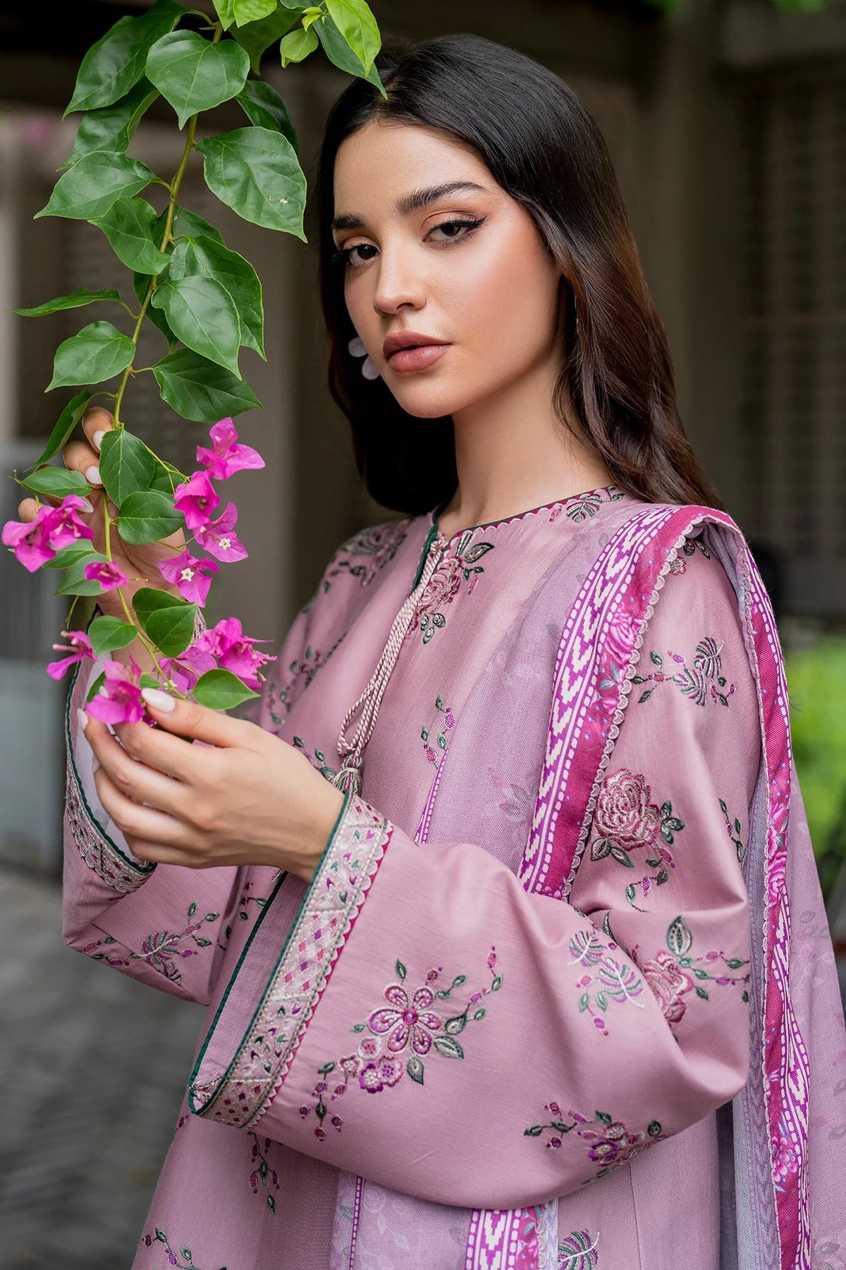 JAZMIN-3PC DHANAK EMBROIDRED SHIRT WITH WOOL PRINT SHAWL AND TROUSER-W.J-1040