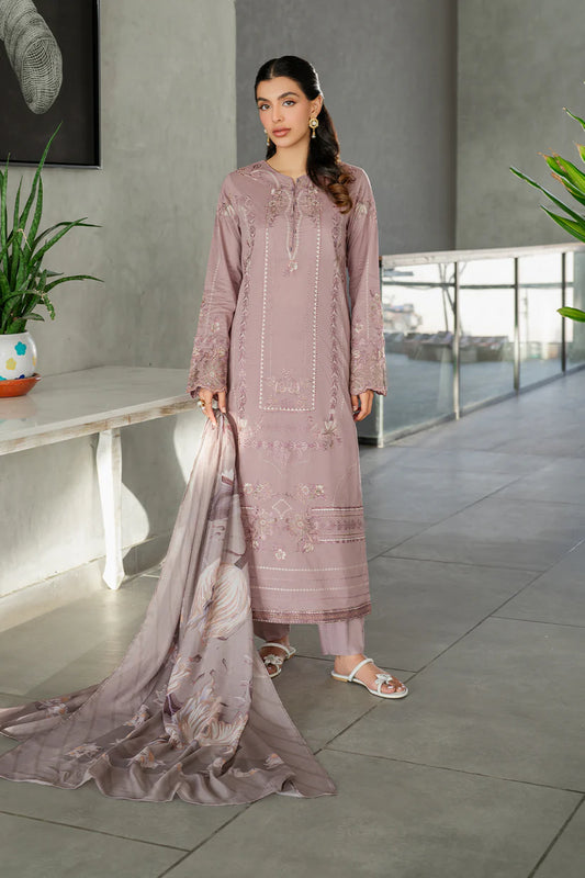 IZNIK-3PC DHANAK EMBROIDERED SHIRT WITH COUTRAI PRINTED SHAWL AND TROUSER-W.J-1805