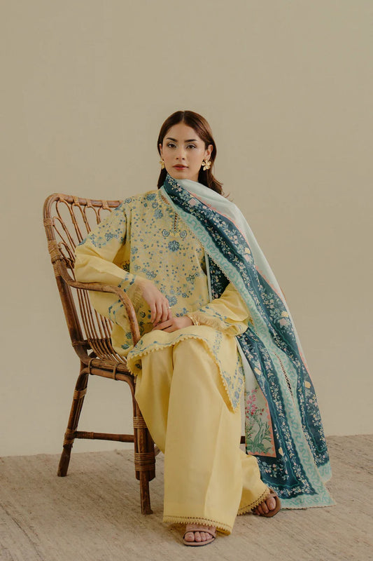 ZARASHAHJAHAN-3PC DHANAK EMBROIDERED SHIRT WITH COURTRAI WOOL PRINTED SHAWL AND TROUSER-W.J-1994