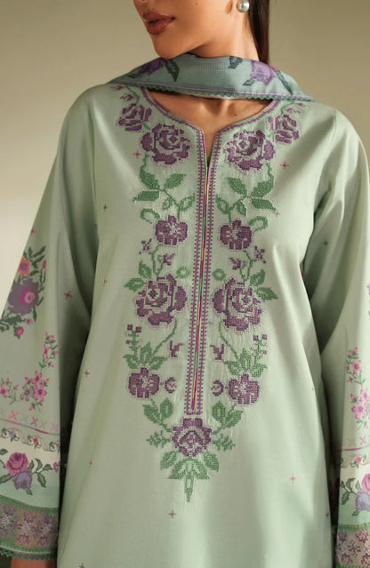 SERAN-3PC DHANAK EMBROIDERED SHIRT WITH COURTRAI PRINTED SHAWL & TROUSER-W.J-2043