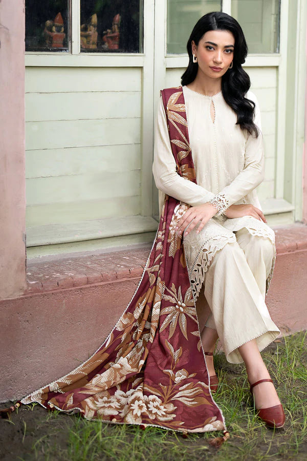 JAZMIN- 3PC DHANAK EMBROIDERED SHIRT WITH WOOL PRINT SHAWL AND TROUSER-W.J-1034