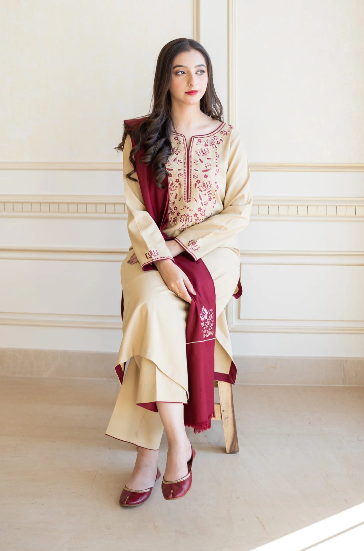 AISLING - 3PC DHANAK EMBROIDERED SHIRT WITH EMBROIDERED DHANAK SHAWL AND TROUSER-W.J-1195