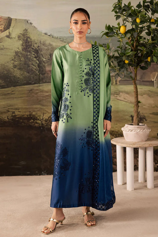 NUREH-3PC SHAMOZE SILK PRINTED EMBROIDERED SHIRT WITH SOFT SILK PRINTED EMB DUPATTA & TROUSER-W.J-1963