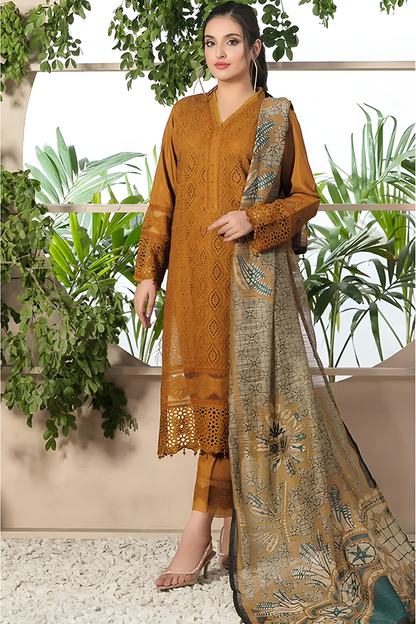 ZAINAB CHOTANI-3PC CHIKENKARI LAWN EMBROIDERED SHIRT WITH MONARK PRINT DUPATTA & TROUSER- MUSTERD-W.J-1568