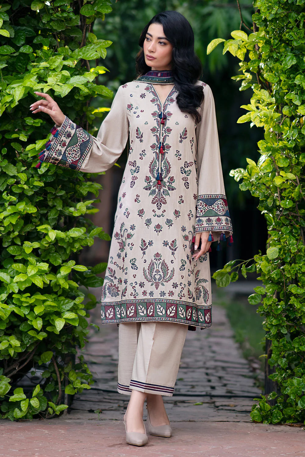 JAZMIN-3PC DHANAK EMBROIDRED SHIRT WITH WOOL PRINT SHAWL AND TROUSER-W.J-1085