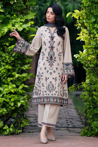 JAZMIN-3PC DHANAK EMBROIDRED SHIRT WITH WOOL PRINT SHAWL AND TROUSER-W.J-1085