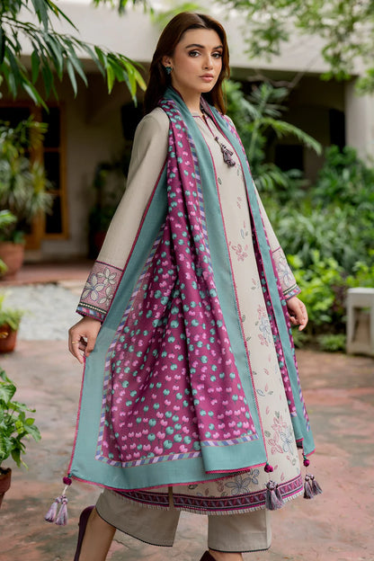 JAZMIN-3PC DHANAK EMBROIDRED SHIRT WITH WOOL PRINT SHAWL AND TROUSER-W.J-1003