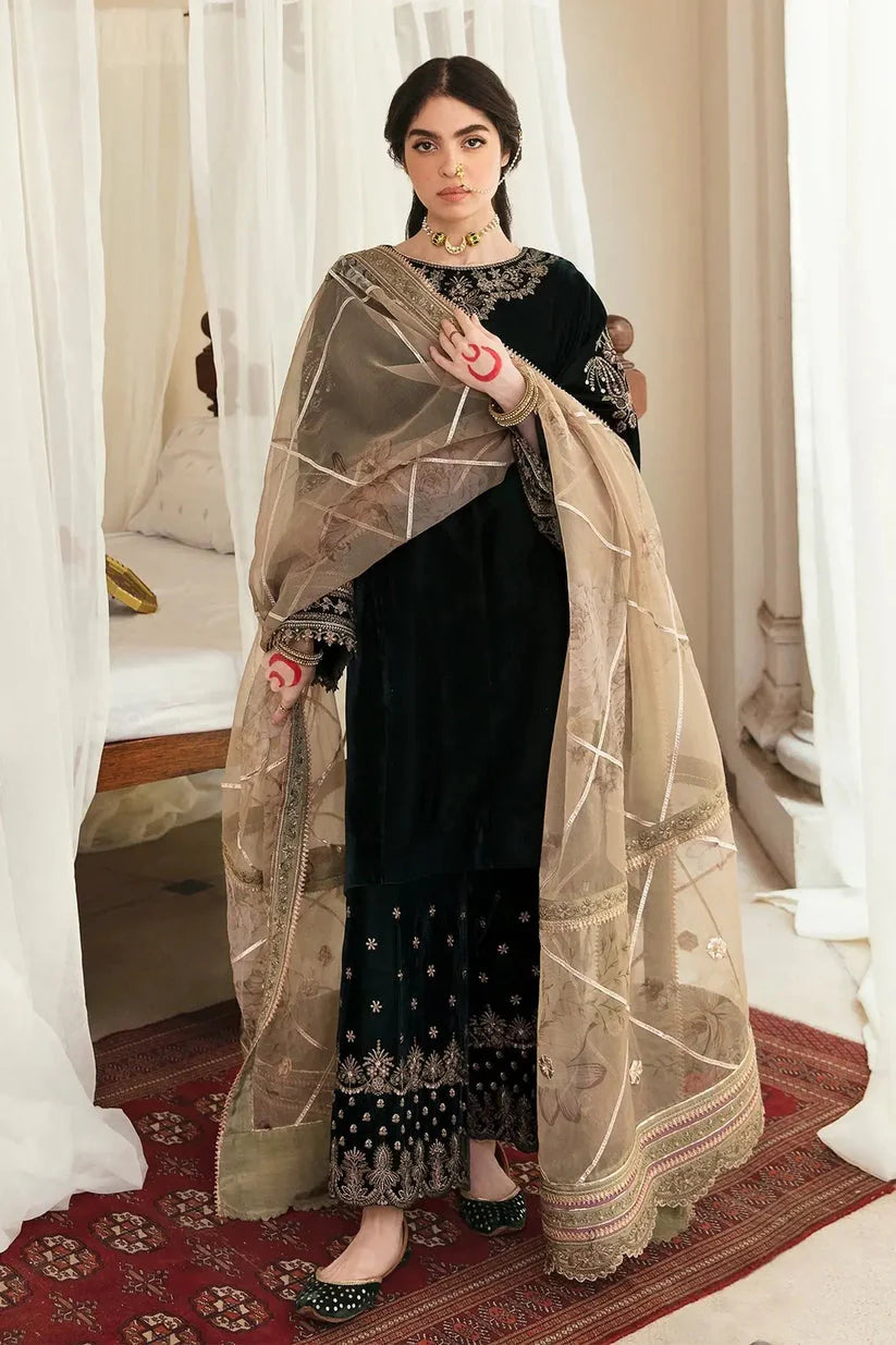 BAROQUE-VELVET 3PC- EMBROIDERED WORK SHIRT WITH ORGANZA HEAVY EMBROIDERED DUPATTA-W.J-1093