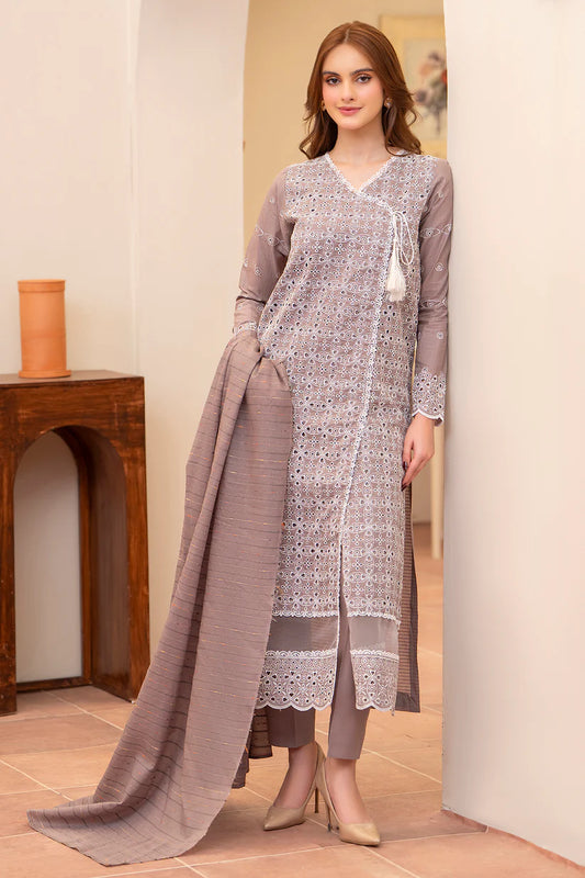 MIRAKHI-3PC LAWN CHIKENKARI EMBROIDERED SHIRT WITH LAWN TUBE SLUB DUPATTA-W.J-1692