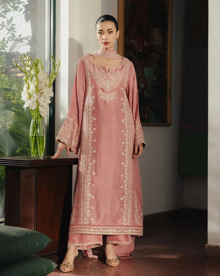 ZIVA-3PC RAW SILK EMBROIDERED SHIRT WITH SILK EMBROIDERED DUPATTA AND EMB TROUSER-W.J-5141