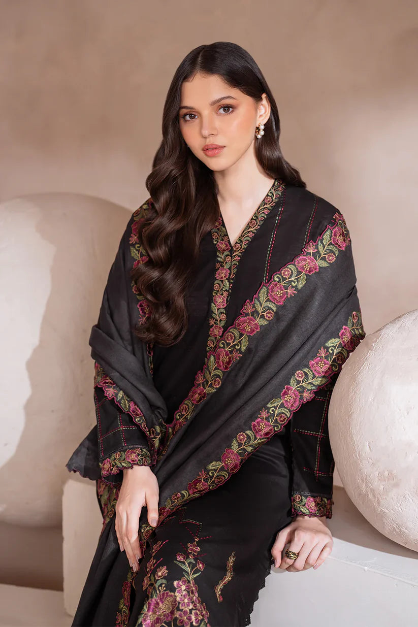 IZNIK-3PC DHANAK EMBROIDERED SHIRT WITH DHANAK EMBROIDERED SHAWL & TROUSER-W.J-1320