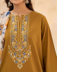 URGE-3PC DHANAK EMBROIDERED SHIRT WITH WOOL PRINT SHAWL AND EMB TROUSER-W.J-5070