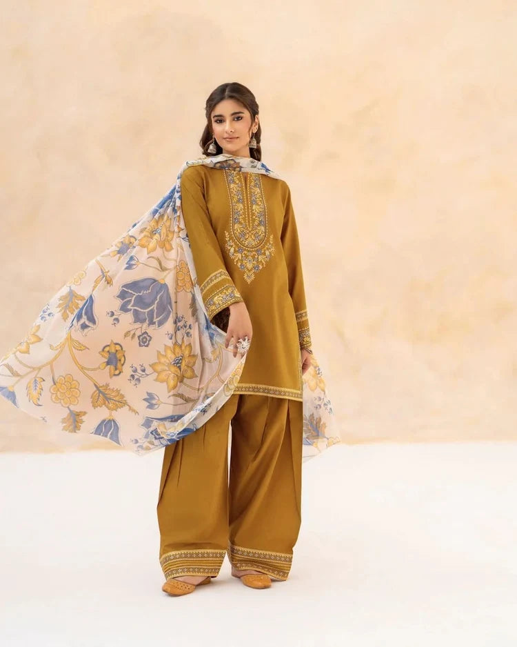 URGE-3PC DHANAK EMBROIDERED SHIRT WITH WOOL PRINT SHAWL AND EMB TROUSER-W.J-5070