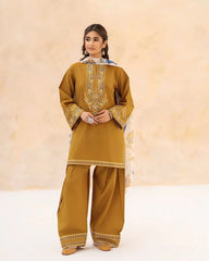 URGE-3PC DHANAK EMBROIDERED SHIRT WITH WOOL PRINT SHAWL AND EMB TROUSER-W.J-5070