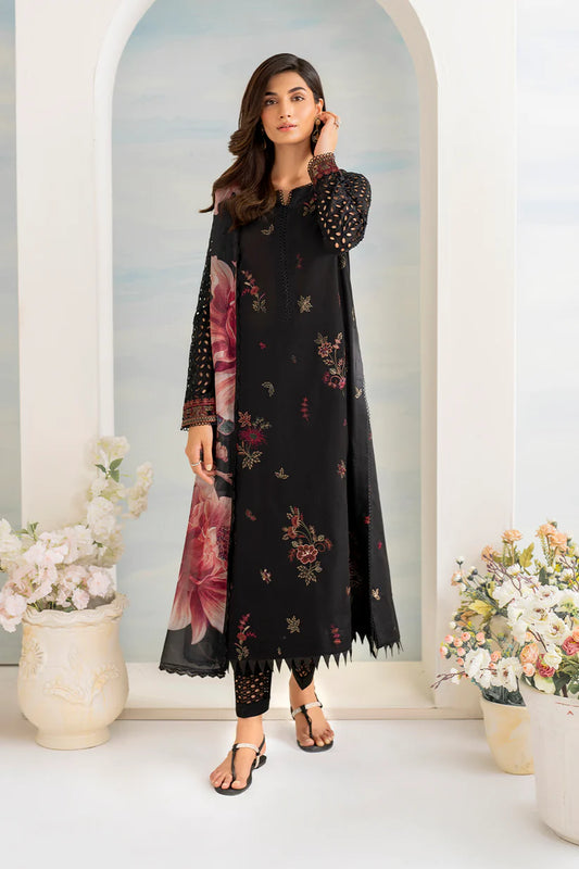 IZNIK- 3PC DHANAK EMBROIDERED SHIRT WITH COUTURE PRINT SHAWL AND EMB TROUSER-W.J-1793