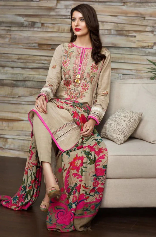 KHAADI-3PC KHADDAR EMBROIDRED SHIRT WITH COUTRARI PRINT SHAW & TROUSER-W.J-1785