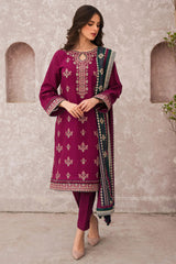 JAZMIN-3PC DHANAK EMBROIDERED SHIRT WITH WOOL PRINTED SHAWL AND TROUSER-W.J-5005