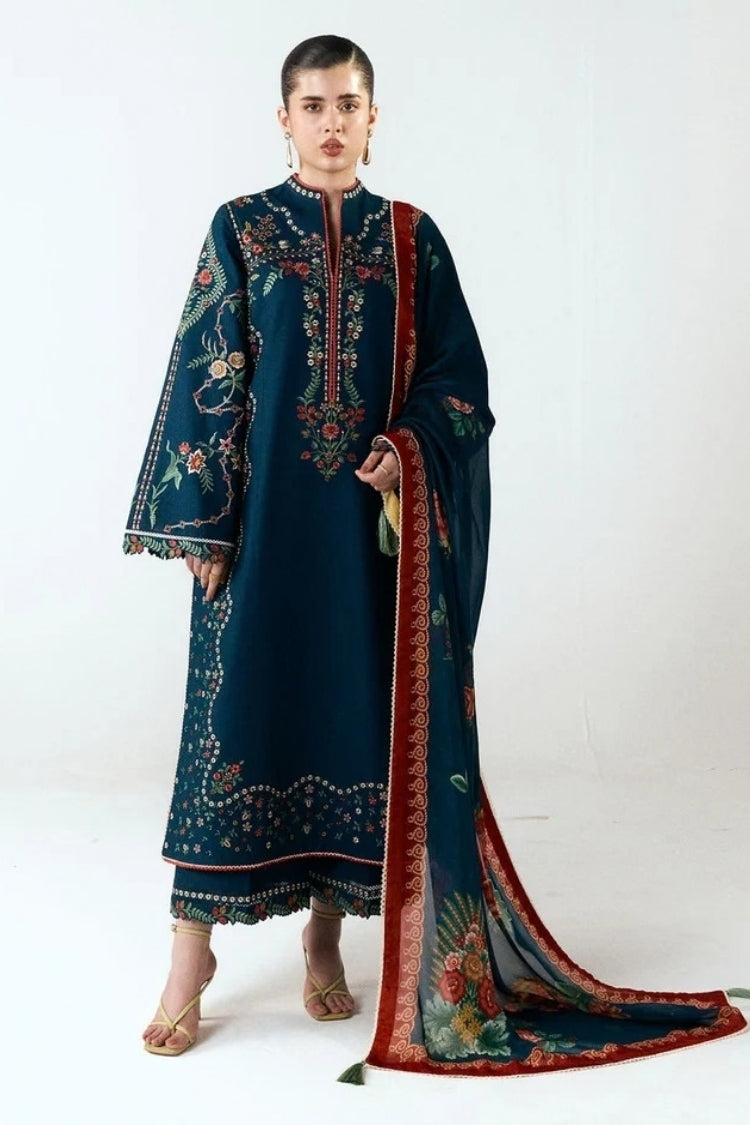 HUSSAIN REHAR-3PC DHANAK EMBROIDERED SHIRT WITH COUTRAI PRINTED SHAWL AND EMB TROUSER-W.J-5172