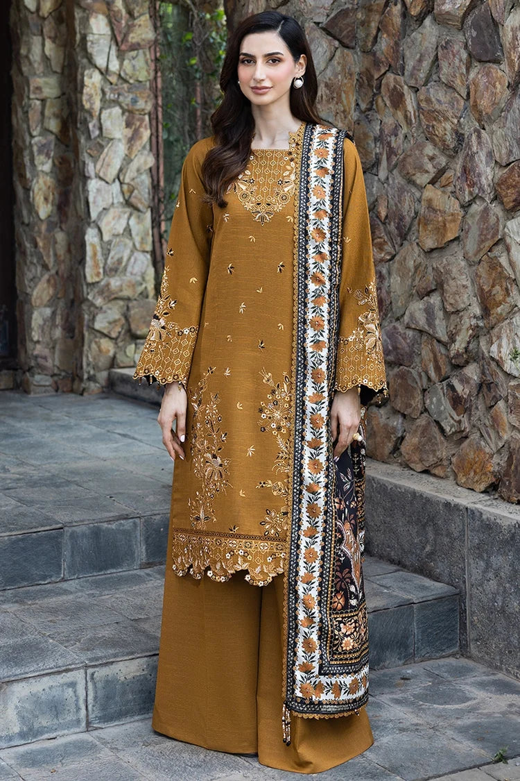 IZNIK-3PC DHANAK EMBROIDERED SHIRT WITH WOOL DIGITAL PRINT SHAWL AND TROUSER-W.J-5038