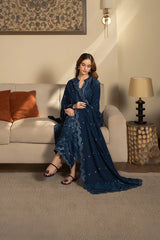 SAPPHIRE-3PC DHANAK EMBROIDERED SHIRT WITH DHANAK EMBROIDERED SHAWL AND TROUSER-W.J-4392