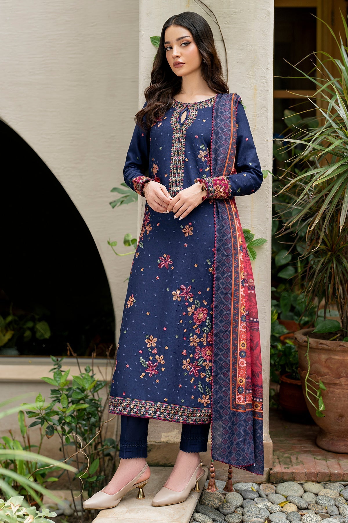 JAZMIN-3PC LAWN EMBROIDRED SHIRT WITH MONARK PRINT DUPATTA AND TROUSER-W.J-1514