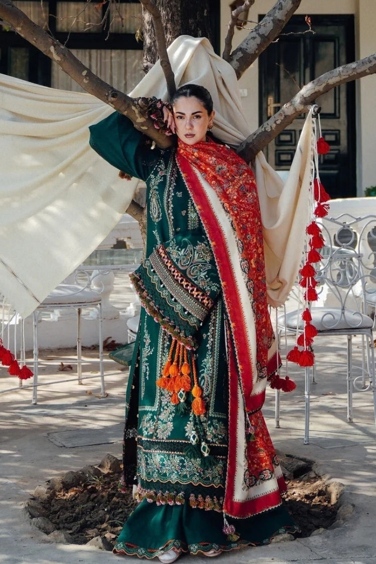 HUSSAIN REHAR-3PC DHANAK EMBROIDERED SHIRT WITH COUTRAI PRINTED SHAWL AND TROUSER-W.J-5212