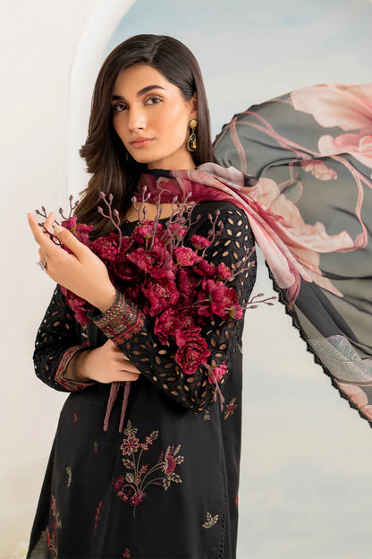 IZNIK- 3PC DHANAK EMBROIDERED SHIRT WITH COUTURE PRINT SHAWL AND EMB TROUSER-W.J-1793