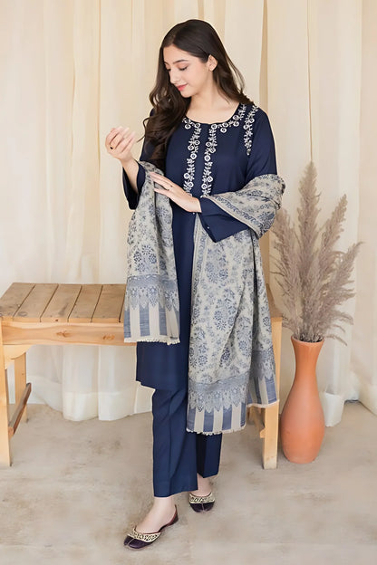 AISLING - 3PC DHANAK EMBROIDERED SHIRT WITH COTURE WOOL PRINTED SHAWL AND TROUSER -W.J-1284