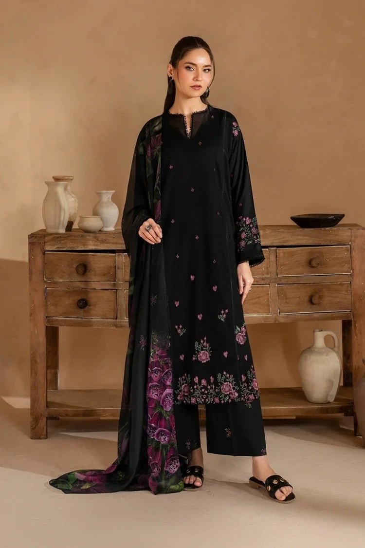 IZNIK-3PC DHANAK EMBROIDERED SHIRT WITH COUTRAI PRINTED SHAWL AND EMB TROUSER-W.J-5147