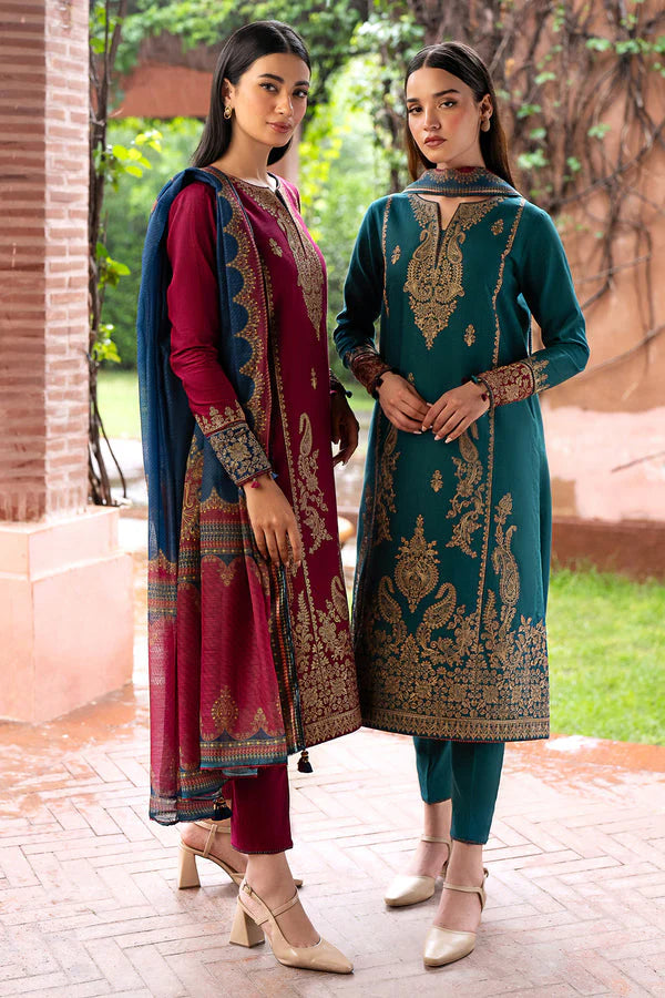 JAZMIN- 3PC DHANAK EMBROIDERED SHIRT WITH WOOL PRINT SHAWL AND TROUSER-W.J-1028