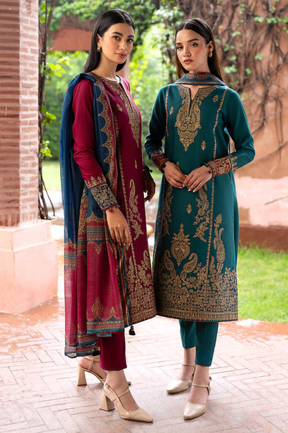 JAZMIN- 3PC DHANAK EMBROIDERED SHIRT WITH WOOL PRINT SHAWL AND TROUSER-W.J-1028