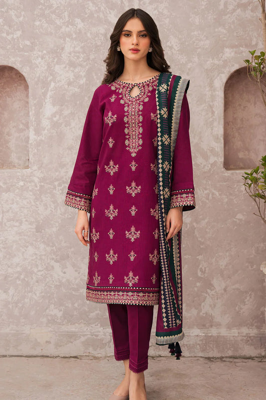 JAZMIN 3PC DHANAK EMBROIDERED WITH COUTURE WOOL PRINT SHAWL-W.J-1190